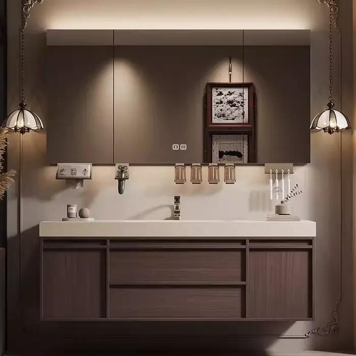 Ensemble de meubles de salle de bain en chêne, meuble-lavabo de luxe avec 1 lavabo et miroir intelli