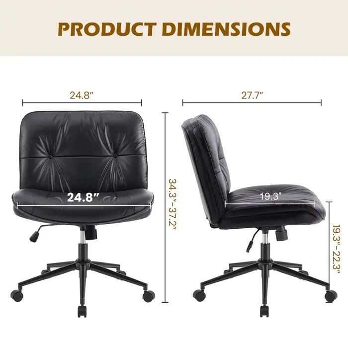 JHK – chaise de bureau en cuir PU à jambes croisées, avec roulettes, sans accoudoirs, siège large pi