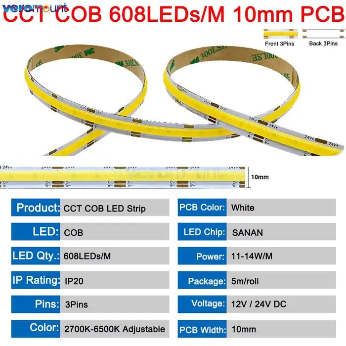 Bande LED COB CCT à Intensité Variable pour Touriste, Ruban Linéaire Flexible, Haute Densité, 3 Fils