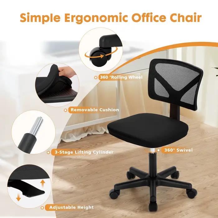 JHK Mesh avec support lombaire chaise de bureau sans accoudoirs dossier bas avec roues hauteur régla