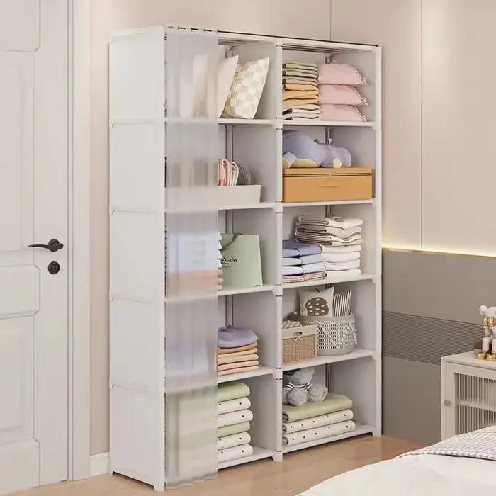 Support de rangement multicouche, armoire de rangement anti-poussière multifonctionnelle avec rideau