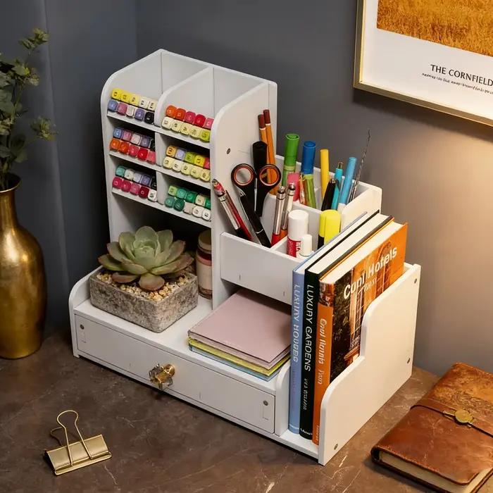 Organisateur de bureau en bois grainé avec tiroir, support de bureau multi-compartiments pour fourni
