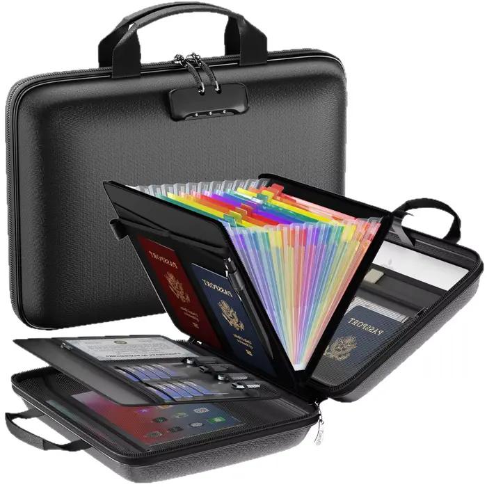 Boîte de rangement pour documents ignifuge, étui rigide avec serrure et 13 poches, stockage sécurisé