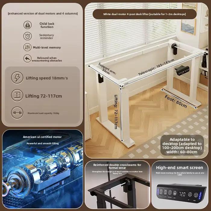 Support de bureau électrique intelligent à double moteur et quatre colonnes, réglable en hauteur, po