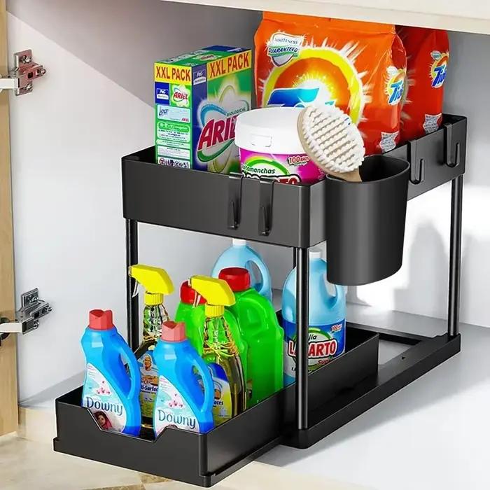 Support de rangement fonctionnel pour salle de bain à 2 niveaux, rétractable sous évier, avec panier