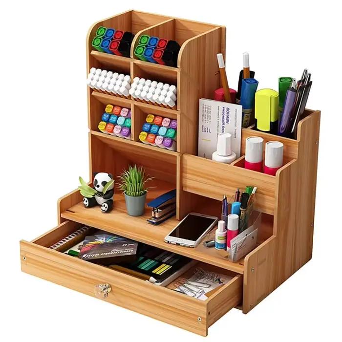 Organisateur de bureau en bois, porte-stylo bien rangé, boîte de rangement de papeterie de grande ca