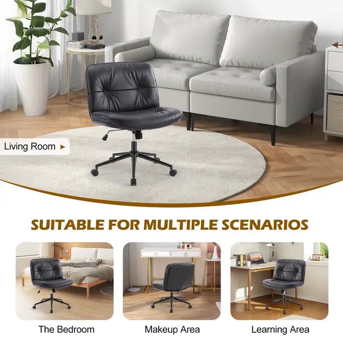 JHK – chaise de bureau en cuir PU à jambes croisées, avec roulettes, sans accoudoirs, siège large pi