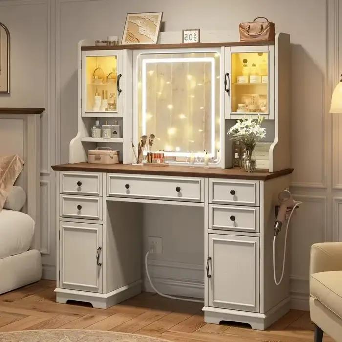 Table de toilette de style campagnard avec miroir éclairé par LED, table de maquillage avec rangemen