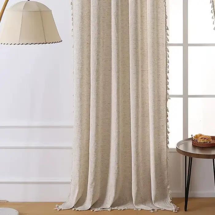 Rideau à pampilles beiges pour fenêtres florales Boho, mélange de coton et de lin Vintage pour chamb