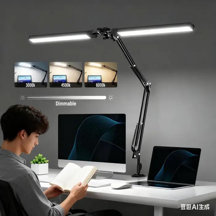 Lampe de bureau Led Ultra lumineuse, double lampe de bureau, soins des yeux avec pince, bras oscilla