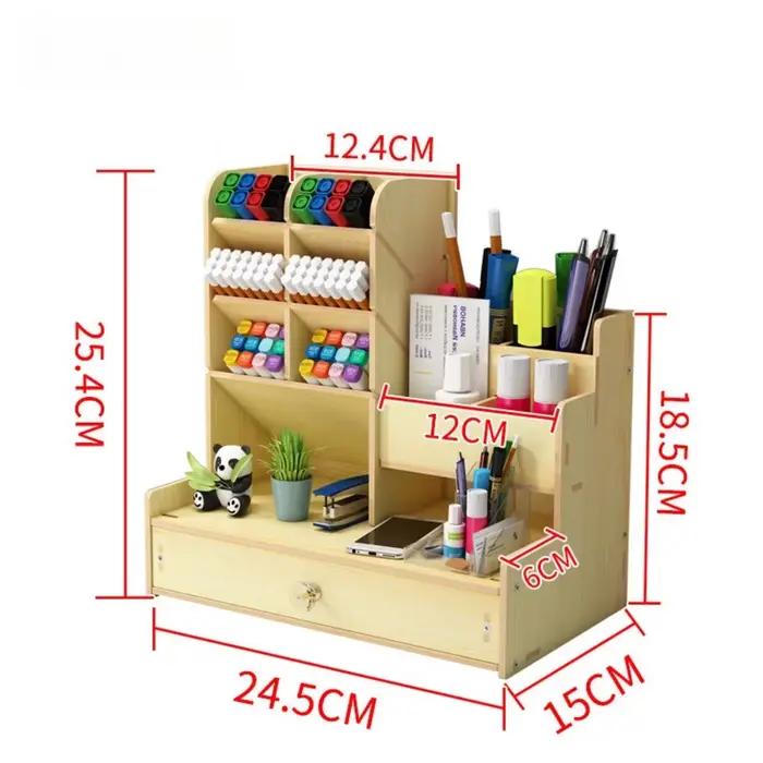 Organisateur de bureau en bois tendance avec tiroir, support à crayons multi-compartiments, style no