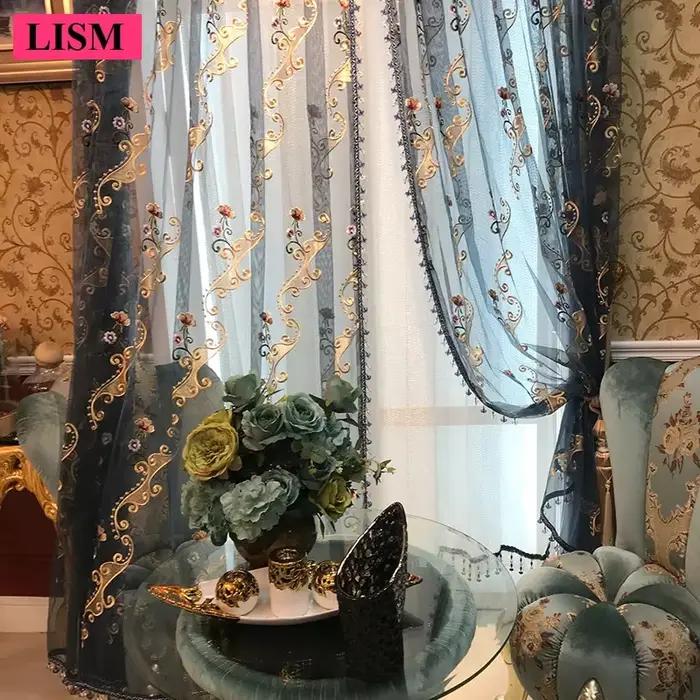 Nouveau Style chambre salon baie vitrée rideau de gaze française blanc bleu Style européen luxe rétro brodé dentelle Tulle vente