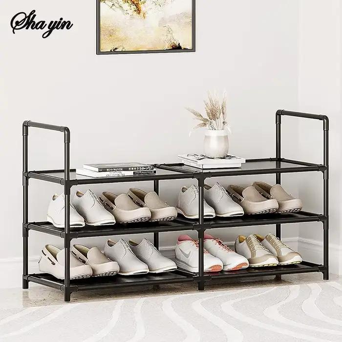 Etagere a chaussures a trois niveaux matiere fer avec couche impermeable pour rangement pratique et anti-poussiere dormitorium entrée garage