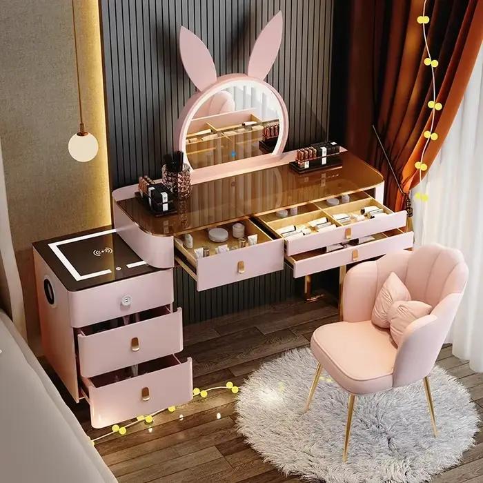 Table de toilette européenne de luxe avec rangement pour chambre à coucher, chaise de bureau et coiffeuse – Mobilier tendance