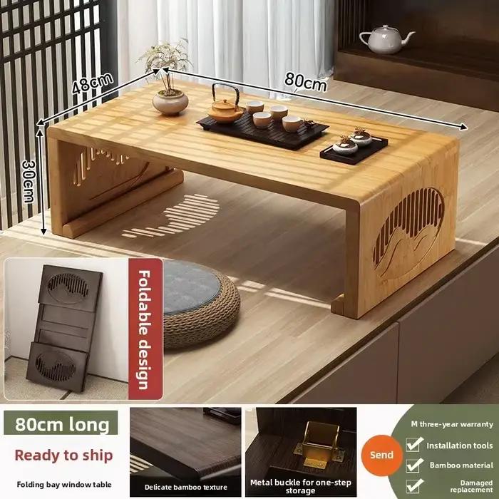 Table basse pliante de style chinois moderne pour balcon, table à thé tatami Nanzhu, table kang japonaise, petite table de fenêtre en baie.