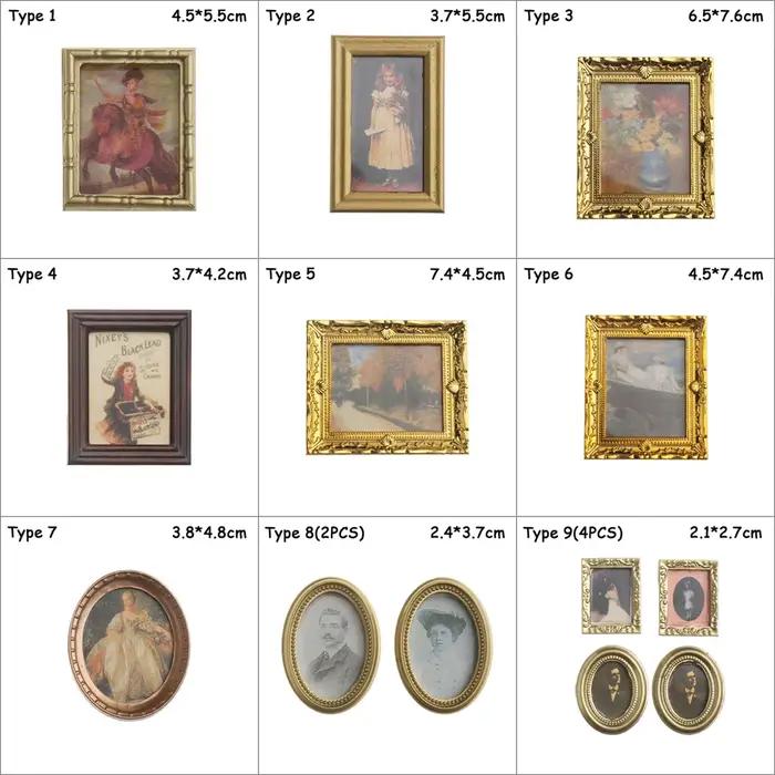 Photos encadrées miniatures vintage 1:12, peinture à l'huile, jouets, accessoires de courses de maison, ornement mural