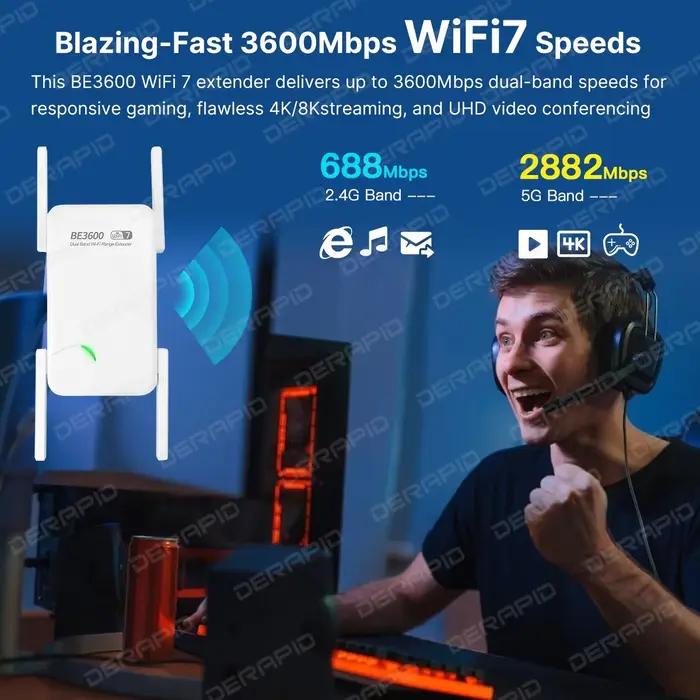 Répéteur Wi-Fi 7 3600 Mbps Double Bande 2.4G 5G avec 4 Antennes à Gain Élevé, Prise EU/US, Amplificateur de Signal, Configuration Facile WPS