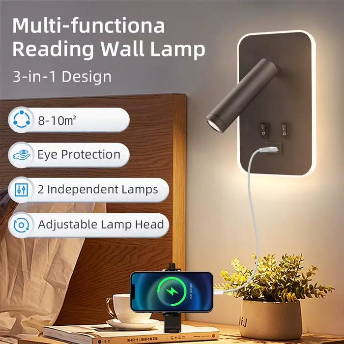Applique murale avec port USB rechargeable, lampe de lecture LED pour chevet, éclairage mural rotatif pour chambre à coucher, applique murale pour salon, décoration intérieure