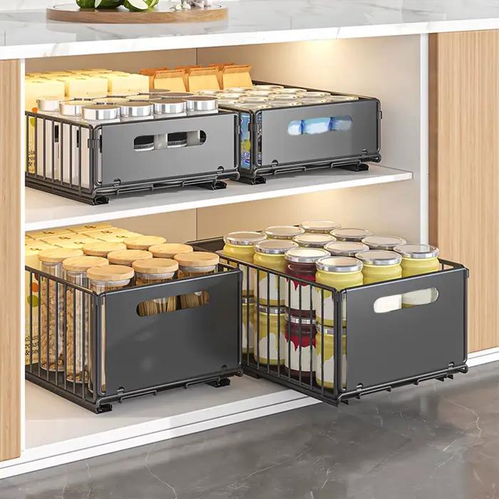 Étagère de rangement de cuisine extractible avec rails coulissants, type tiroir, organiseur de boîtes à épices pour armoires
