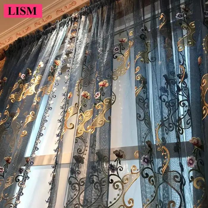 Nouveau Style chambre salon baie vitrée rideau de gaze française blanc bleu Style européen luxe rétro brodé dentelle Tulle vente