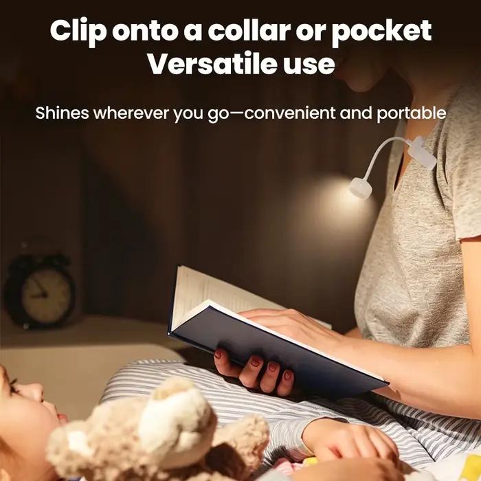 Lampe de lecture LED à piles avec clip, 3 modes, col flexible, portable, lumière de nuit protectrice pour les yeux, idéale pour le chevet et les voyages.