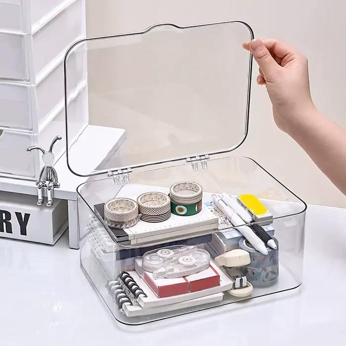 Boîte de rangement en plastique, boîte de rangement couverte, conteneur de rangement de bureau à couvercle rabattable, fournitures de bureau, papeterie, rangement de cosmétiques