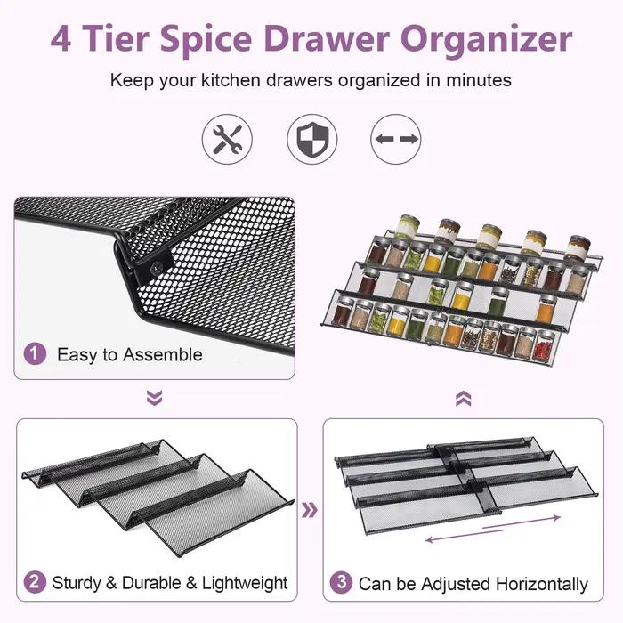 Tiroir à épices à 4 niveaux, étagère de tri, organisateur réglable, pots à épices, plateau de tiroir, armoire d'assaisonnement extensible, cuisine