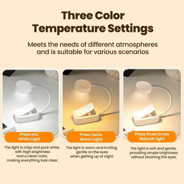 Lampe de lecture LED à piles avec clip, 3 modes, col flexible, portable, lumière de nuit protectrice pour les yeux, idéale pour le chevet et les voyages.