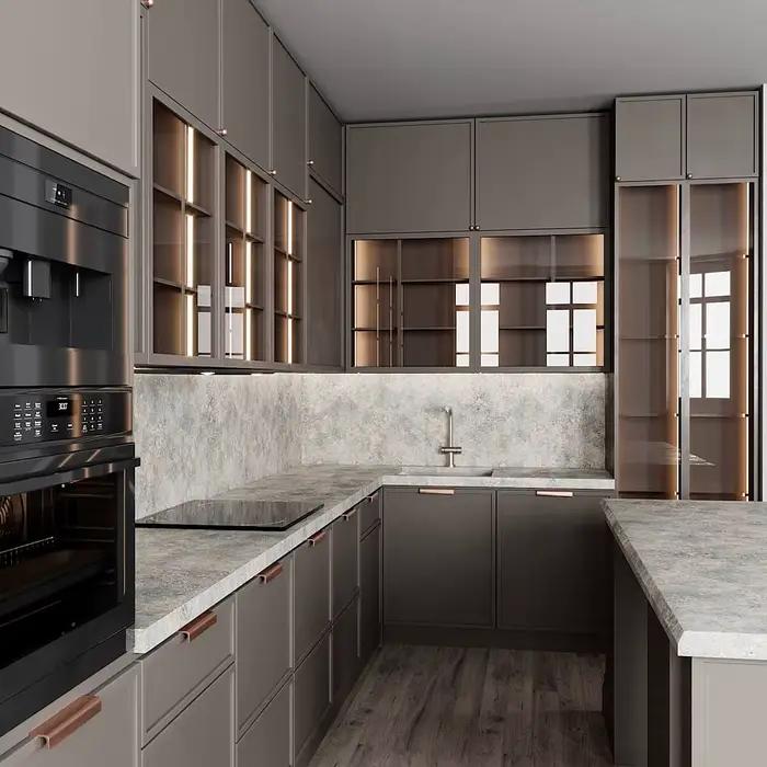 Armoire de cuisine en bois massif avec évier intégré et finition en PVC pour un design luxueux et une utilisation pratique en cuisine