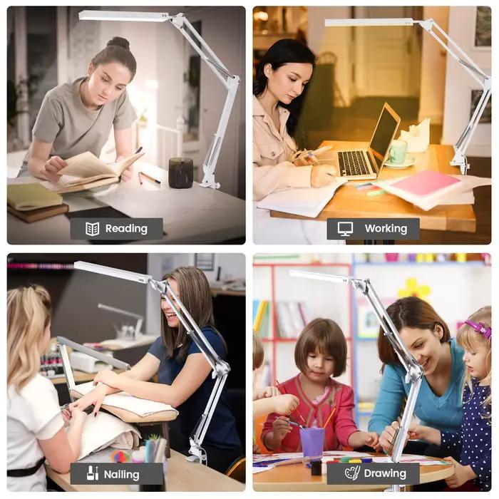 Lampe de bureau LED à bras long avec pince pliable pour soin des yeux et adaptabilité selon les occasions de lecture et de travail