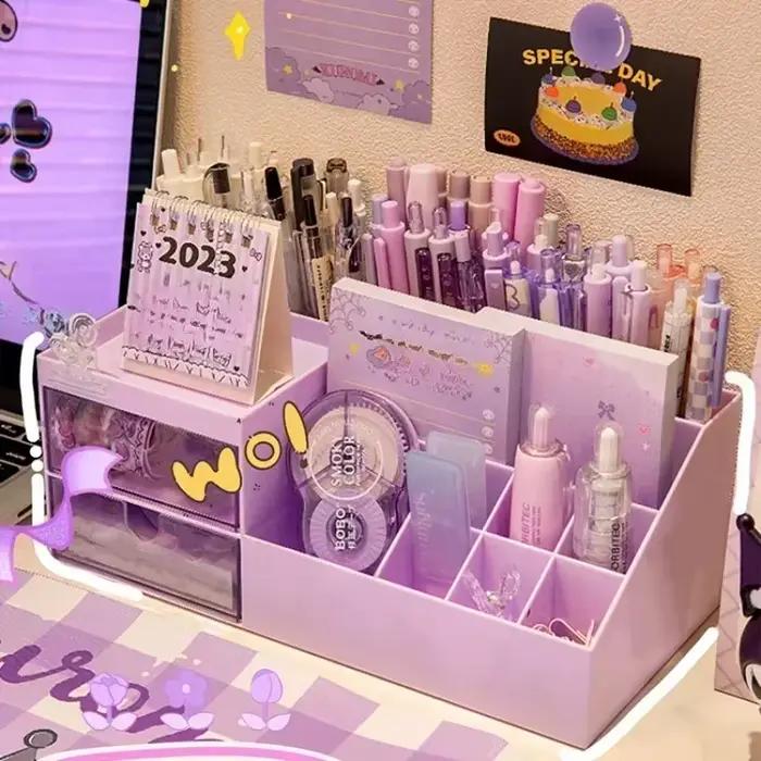 Mignon porte-stylo boîte de rangement organisateur fille tiroir-type bureau étudiant papeterie manuel neuf grilles