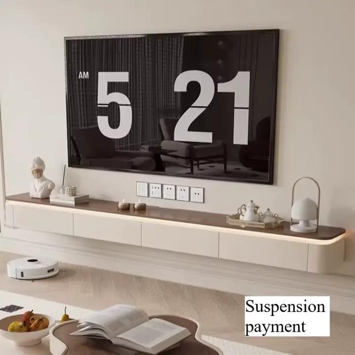 Ensemble meuble TV moderne et table basse blanche pour salon avec tiroirs et support mural pour rangement家居电视柜和茶几现代白色组合家具带抽屉和壁挂式存储家具