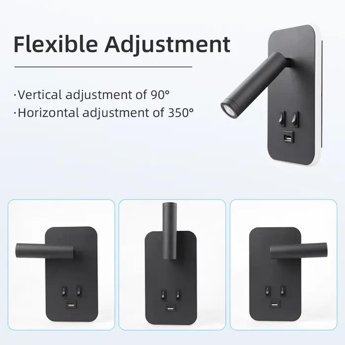 Applique murale avec port USB rechargeable, lampe de lecture LED pour chevet, éclairage mural rotatif pour chambre à coucher, applique murale pour salon, décoration intérieure