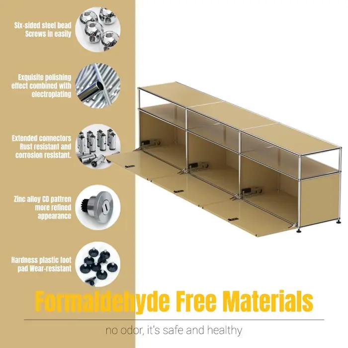 Meuble TV bas modulaire moderne | Buffet à 3 niveaux avec portes battantes | Unité de banc de rangement à cadre en acier