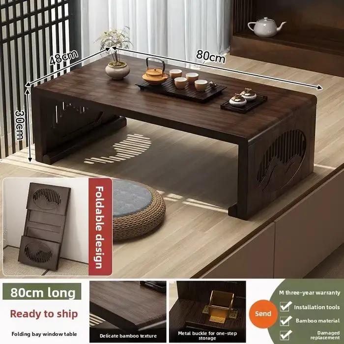 Table basse pliante de style chinois moderne pour balcon, table à thé tatami Nanzhu, table kang japonaise, petite table de fenêtre en baie.