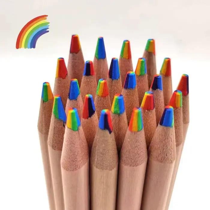 Crayon rond arc-en-ciel créatif 7 couleurs, 1 pièce, papeterie fournitures scolaires et de bureau, prix étudiant Kawaii Simple