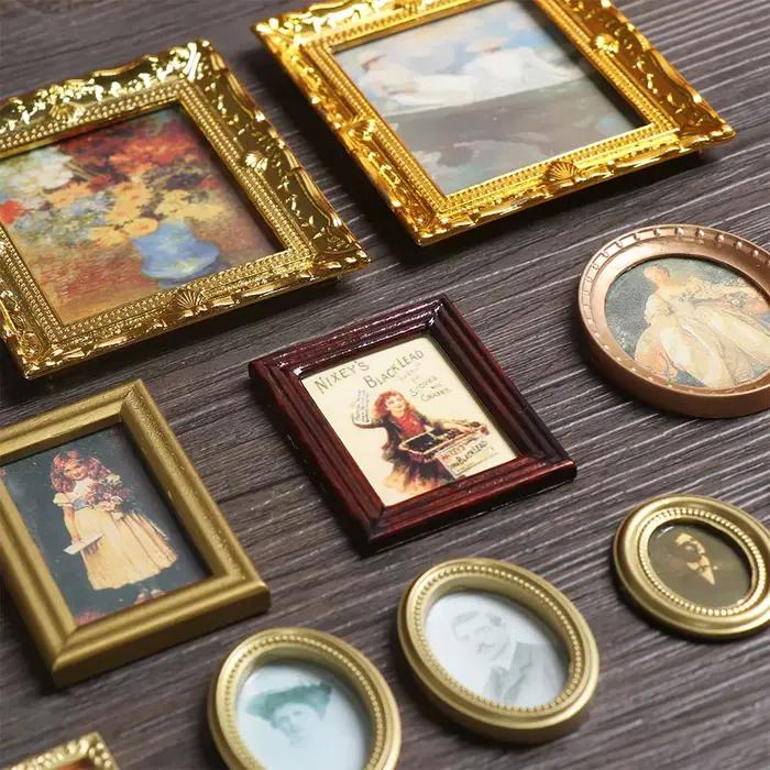 Photos encadrées miniatures vintage 1:12, peinture à l'huile, jouets, accessoires de courses de maison, ornement mural