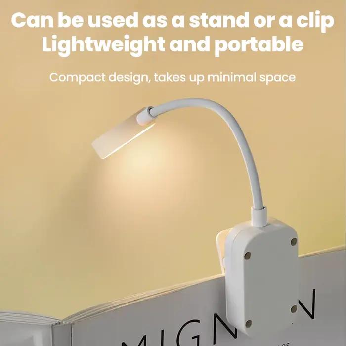 Lampe de lecture LED à piles avec clip, 3 modes, col flexible, portable, lumière de nuit protectrice pour les yeux, idéale pour le chevet et les voyages.