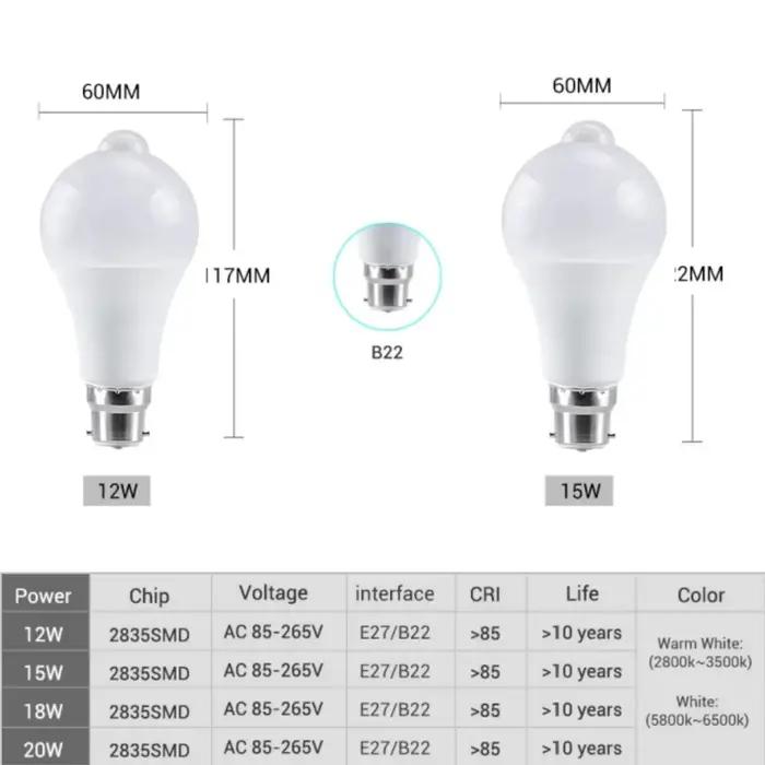 B22 LED ampoule lumière 12W 15W 18W 20W PIR capteur mouvement