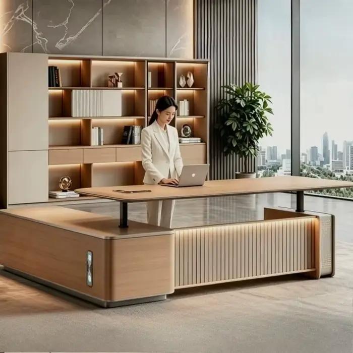 Table de bureau élévatrice électrique moderne et luxueuse avec deux tiroirs pour bureau professionnel et espace de travail chez soi