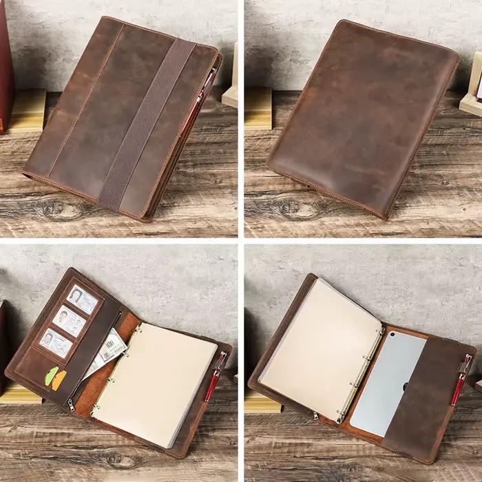 ORGANIZER de cahier de couverture de classeur A4 en cuir de cheval fous VINTAGE avec porte-carte-portefeuille de bureau