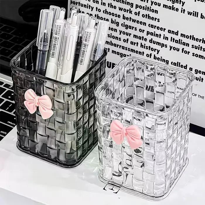 Porte-stylo et boite de rangement avec decoration en forme de noeud et panier de rangement pour bureau en gris foncé ou prune pour organisateur de bureau et cadeau d'affaire
