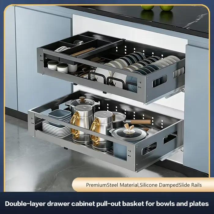 Étagère de rangement robuste et résistante en acier inoxydable 304 à double tiroir coulissant sous l'évier pour bols, assiettes et ustensiles de cuisine