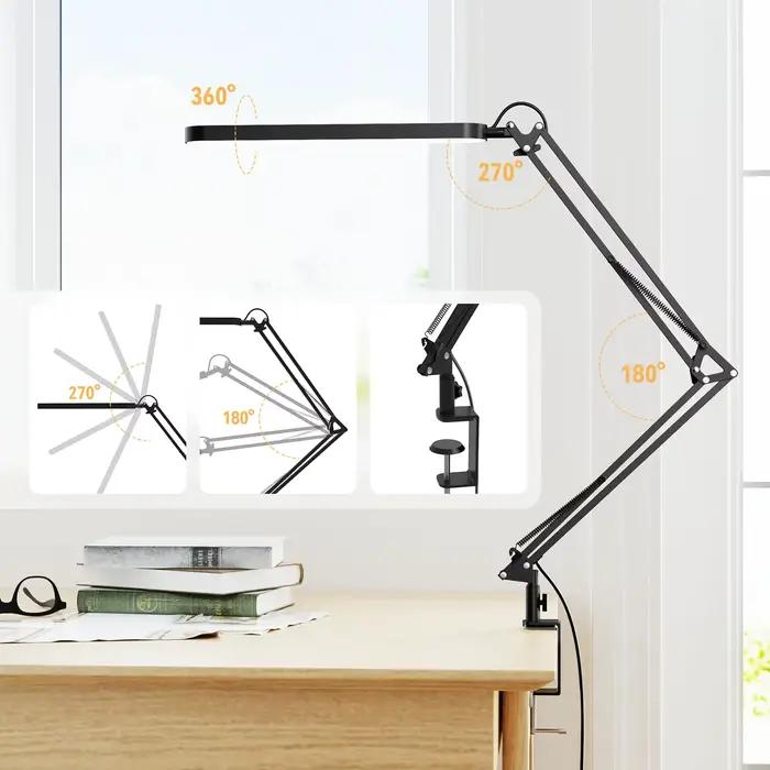 Lampe de bureau LED à bras long avec pince pliable pour soin des yeux et adaptabilité selon les occasions de lecture et de travail