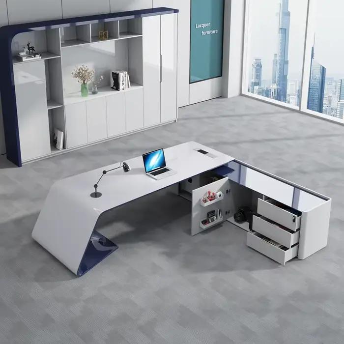 Bureau de bureau Long exécutif en bois massif avec armoire auxiliaire pour bureau de direction, personnalisable en couleur et taille