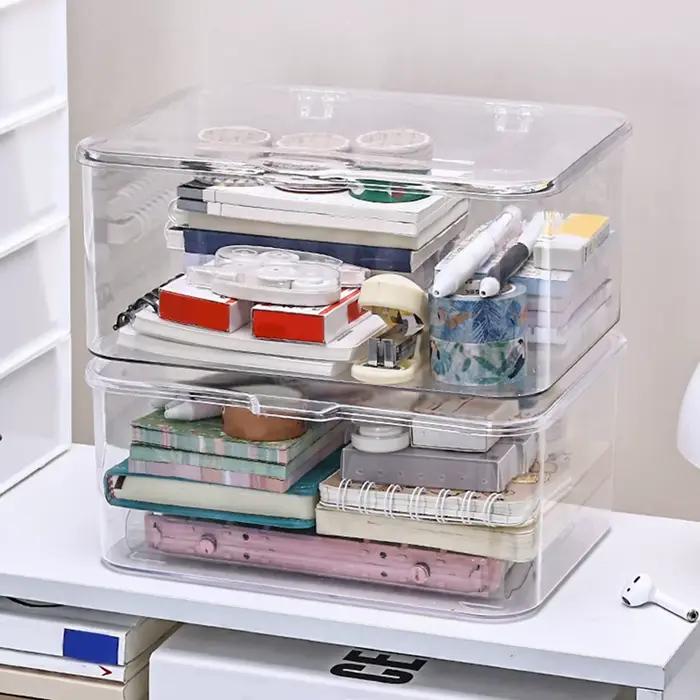 Boîte de rangement en plastique, boîte de rangement couverte, conteneur de rangement de bureau à couvercle rabattable, fournitures de bureau, papeterie, rangement de cosmétiques