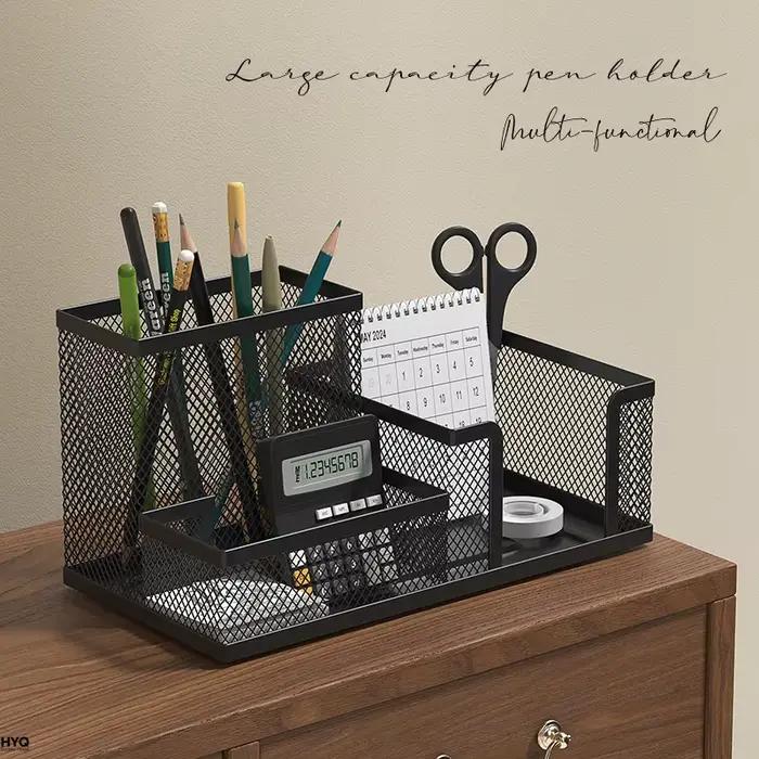 Organisateur de bureau en maille avec porte-crayons et paniers de rangement pour accessoires