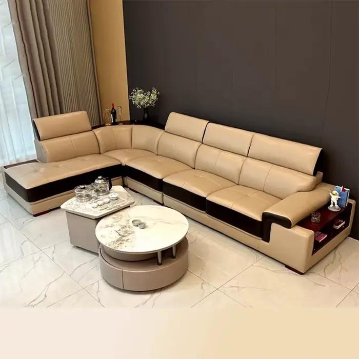 Canapé de salon en cuir italien Linlamlim |   Canapé sectionnel moderne minimaliste en cuir véritable avec console, rangement et haut-parleur
