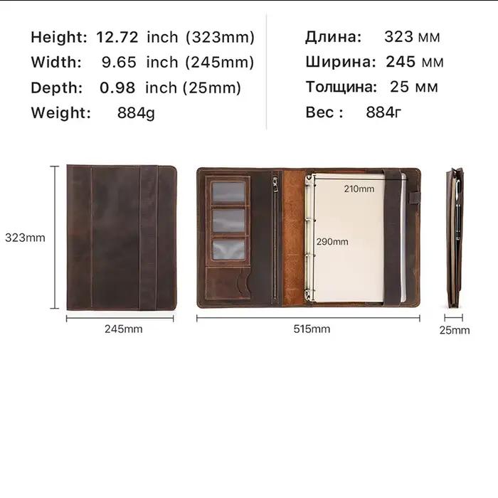 ORGANIZER de cahier de couverture de classeur A4 en cuir de cheval fous VINTAGE avec porte-carte-portefeuille de bureau