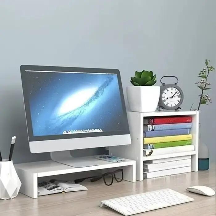 Support de rehaussement pour ordinateur de bureau avec rangement intégré, polyvalent et élégant pour améliorer la posture et l'organisation du bureau